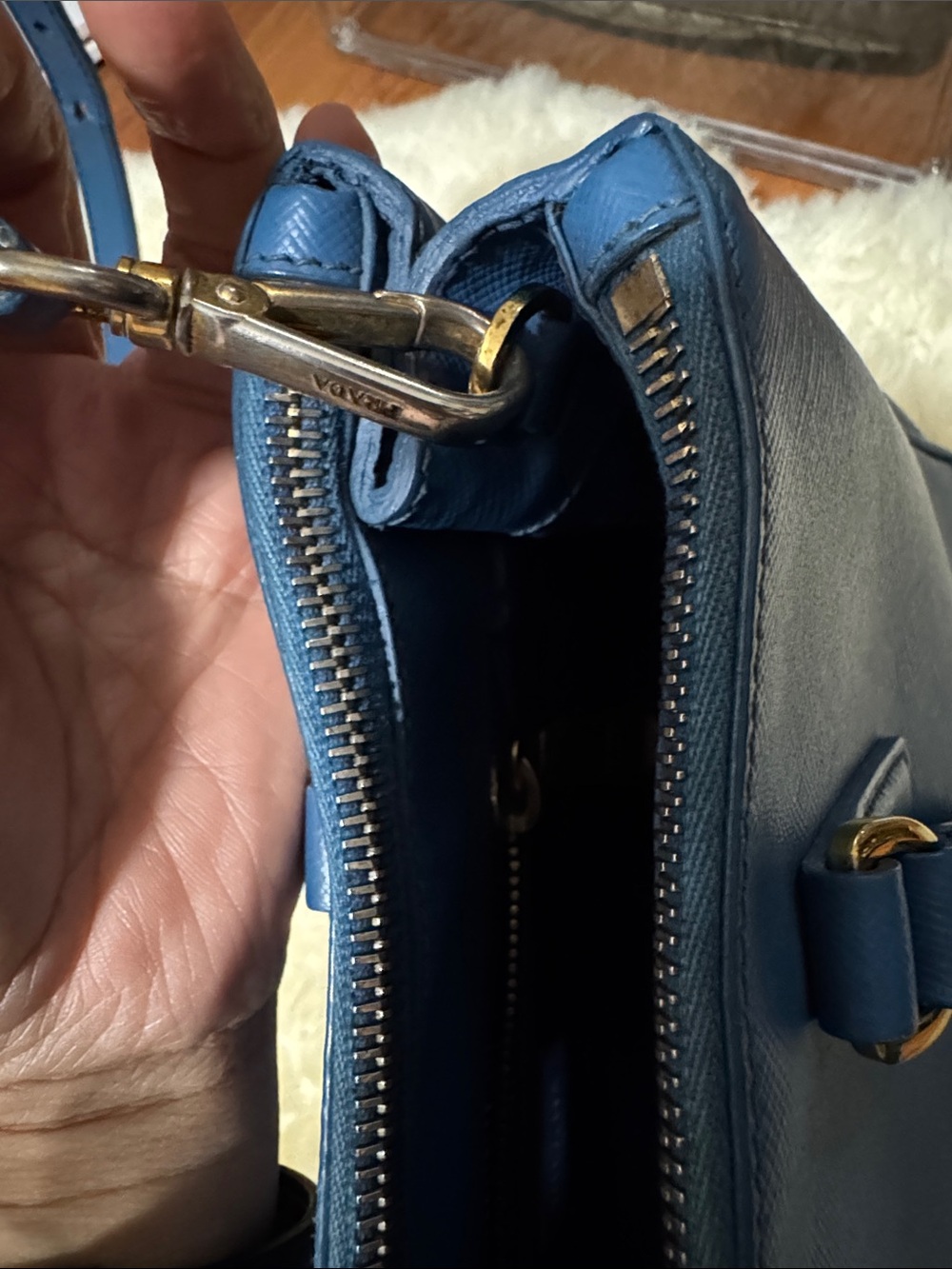 Prada Blue Saffiano Double-Handle Satchel with Crossbody Strap - Picture 11 of 14